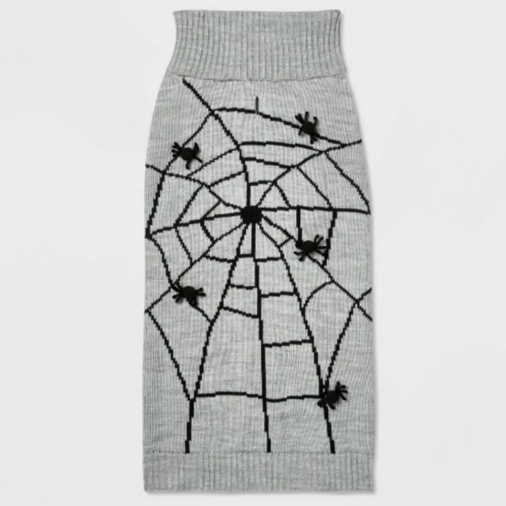 Hyde and Eek! Pet Spiderweb Grey Knit Sweater Halloween Fall October 3D Spiders